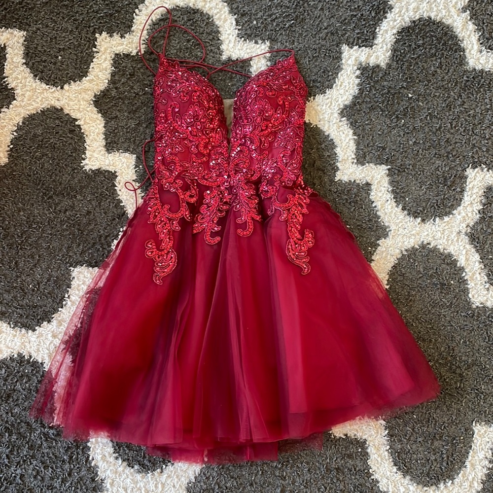 Camellia La Ve, maroon beaded and tule a-line mini dress